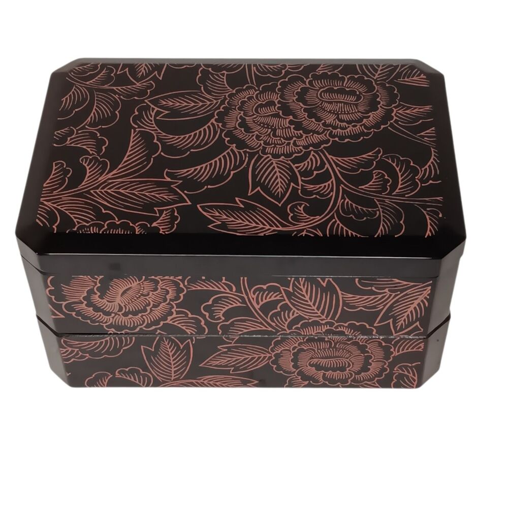VTG Japan Plastic Lacquer Black Pink Two Tiered Bento Jewelry Box Chrysanthemum